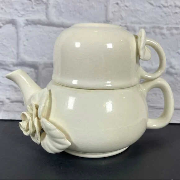 Stacked Ceramic Pottery Teapot Cup Set Paper Windows USA Floral Rose Cream VTG - Picture 2 of 16